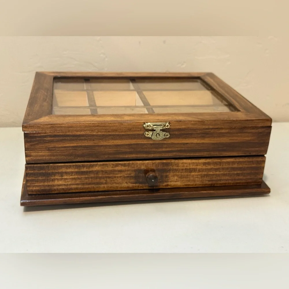 Wooden Brown Glass Jewelry Watch Box With Shelf Organizer